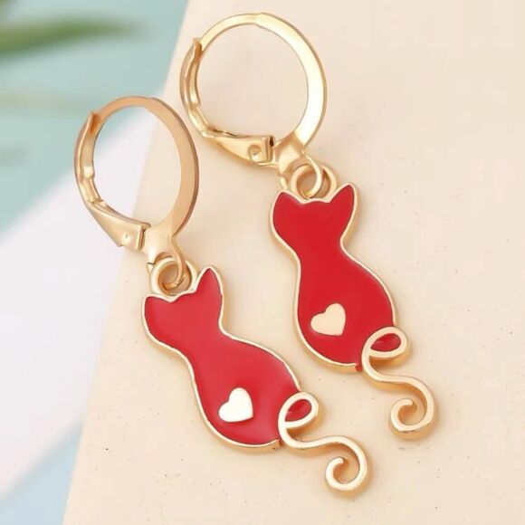 🐈 Awesome Red Kitty Heart Artsy Hoop Dangle Pierced Earrings 🐈‍⬛ - Picture 1 of 6